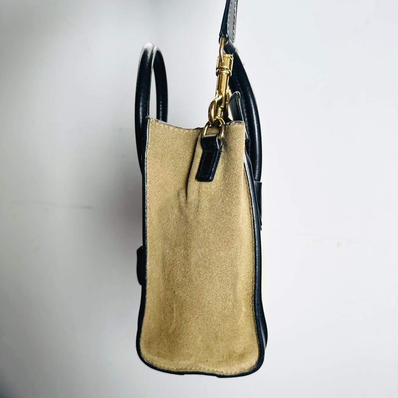 Celine Nano Luggage Beige / Black / Taupe GHW Monogram Logo Leather / Toile / Suede Tricolour Top Handle Shoulder Sling Bag