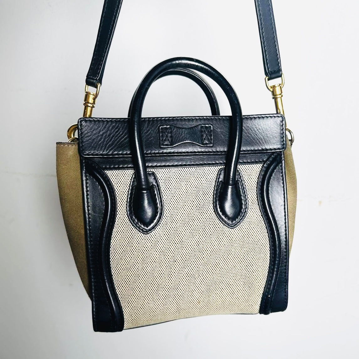 Celine Nano Luggage Beige / Black / Taupe GHW Monogram Logo Leather / Toile / Suede Tricolour Top Handle Shoulder Sling Bag