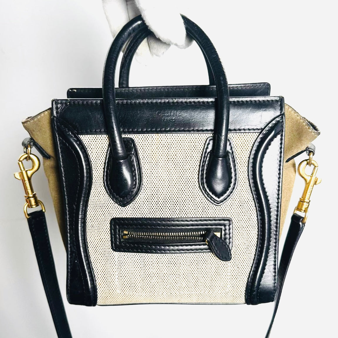 Celine Nano Luggage Beige / Black / Taupe GHW Monogram Logo Leather / Toile / Suede Tricolour Top Handle Shoulder Sling Bag