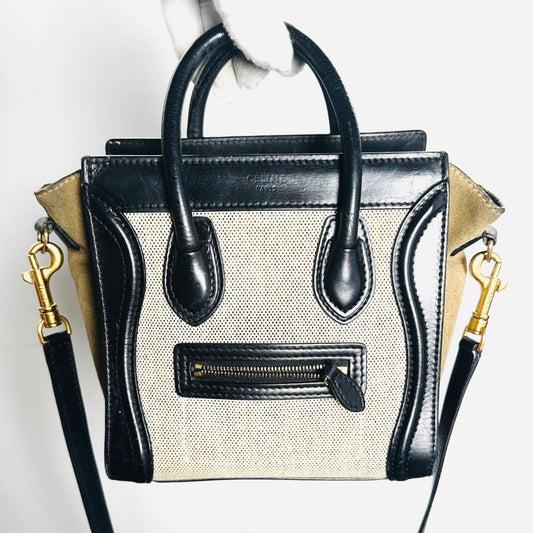 Celine Nano Luggage Beige / Black / Taupe GHW Monogram Logo Leather / Toile / Suede Tricolour Top Handle Shoulder Sling Bag