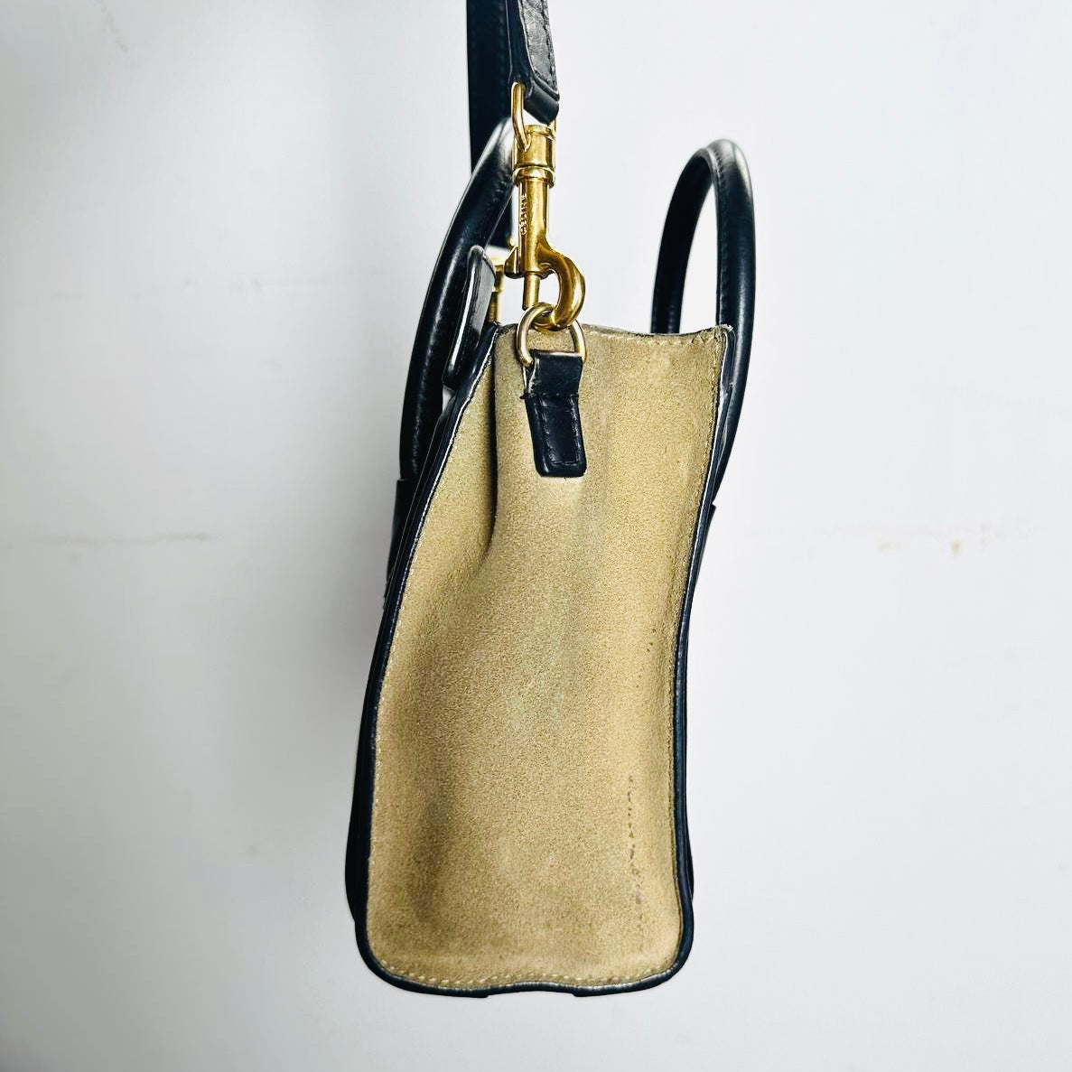 Celine Nano Luggage Beige / Black / Taupe GHW Monogram Logo Leather / Toile / Suede Tricolour Top Handle Shoulder Sling Bag