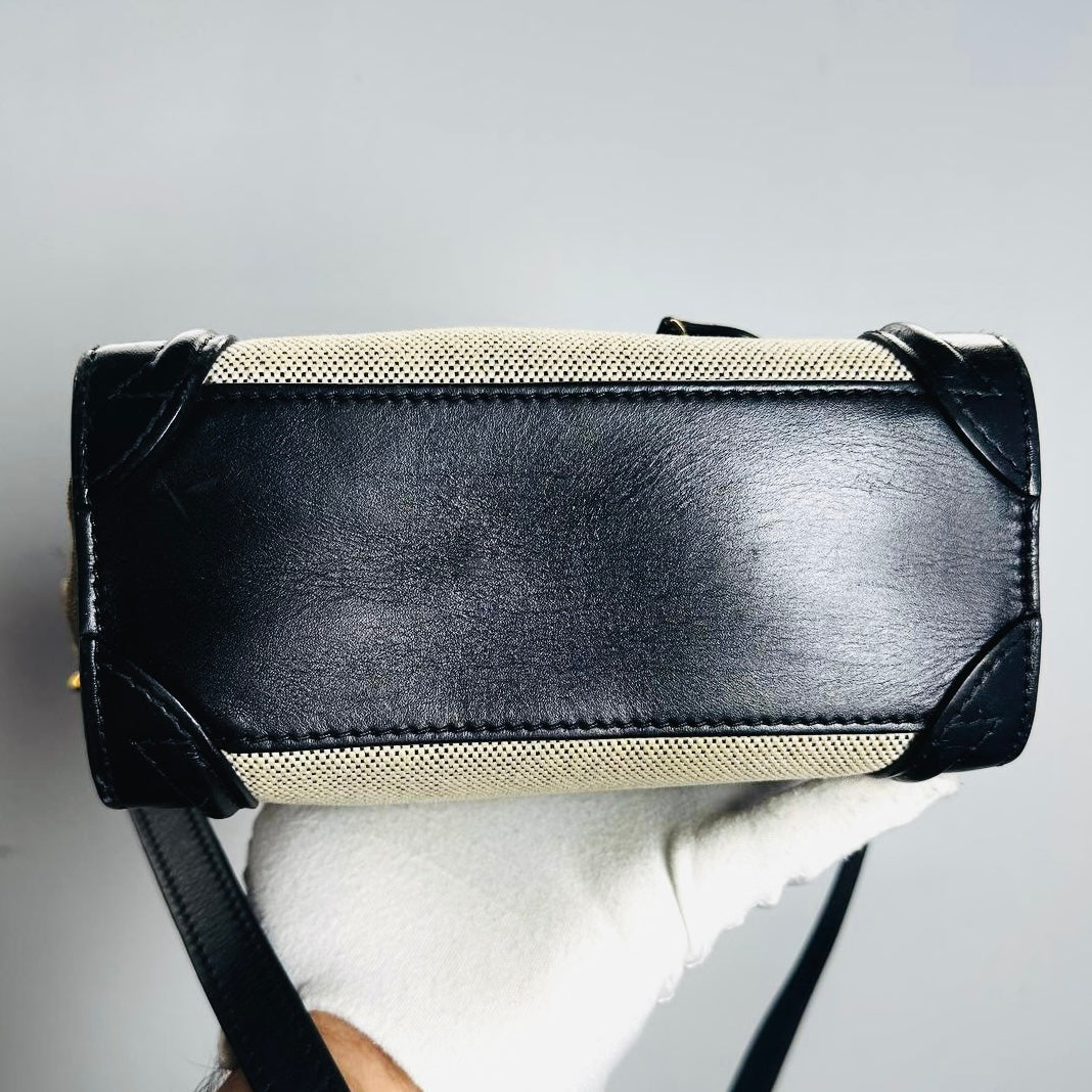 Celine Nano Luggage Beige / Black / Taupe GHW Monogram Logo Leather / Toile / Suede Tricolour Top Handle Shoulder Sling Bag