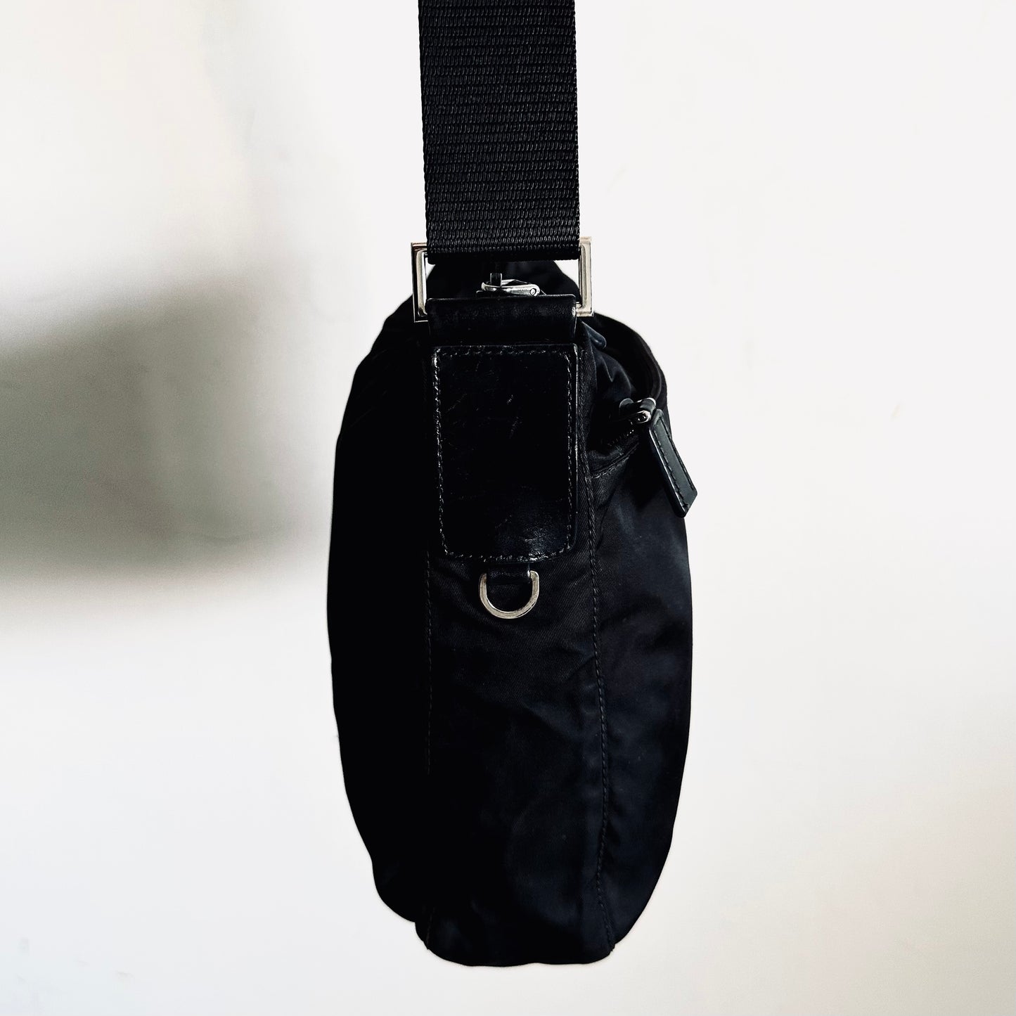 Prada Black Vela Sport Utility Monogram Logo Nylon & Leather Camera Shoulder Sling Bag