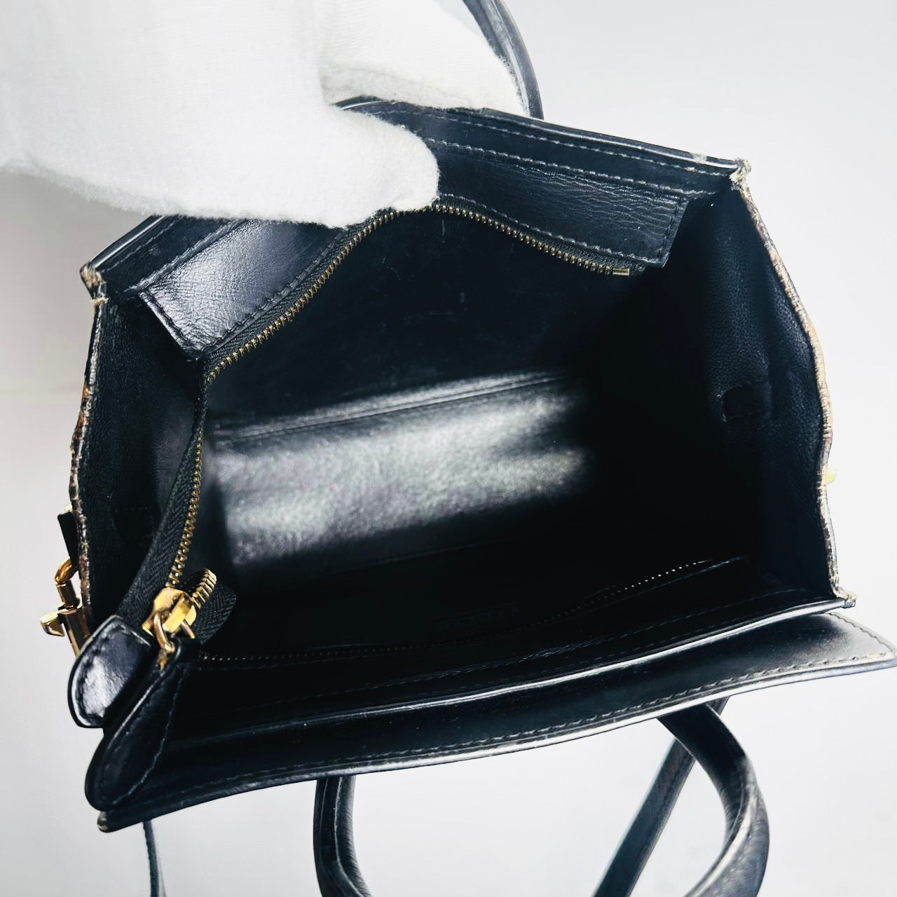 Celine Nano Luggage Beige / Black / Taupe GHW Monogram Logo Leather / Toile / Suede Tricolour Top Handle Shoulder Sling Bag