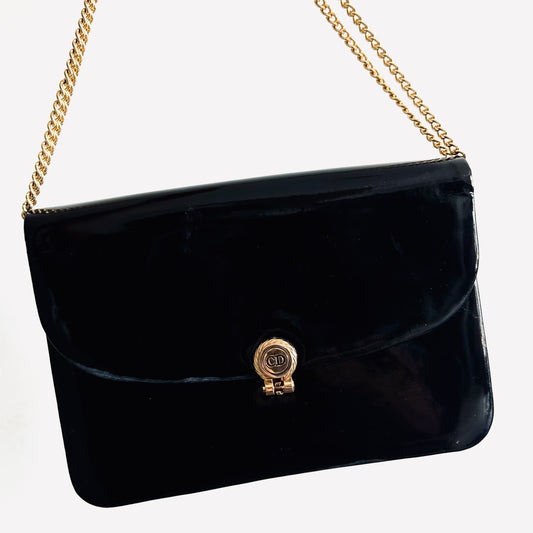 Christian Dior CD Black GHW Monogram Logo Patent Leather 2-Way Flap Shoulder Sling Bag