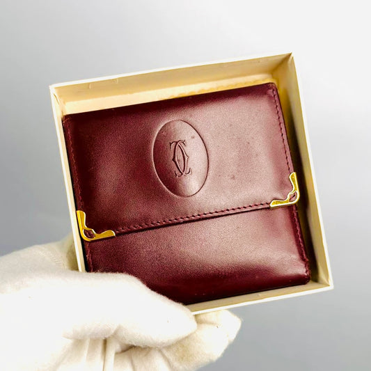 Cartier Must / Mast de Cartier Maroon Burgundy GHW Smooth Leather Flap Trifold Compact Wallet