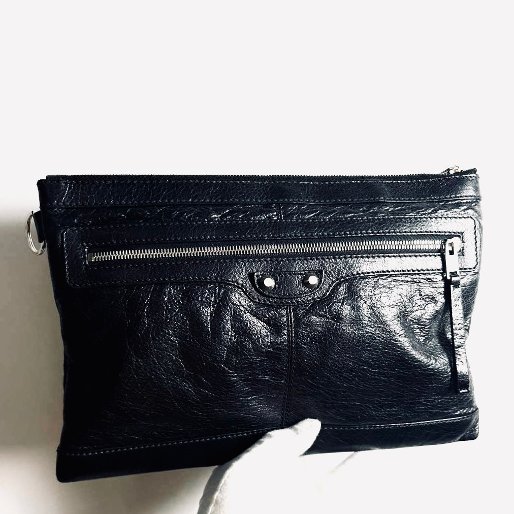 Balenciaga Black Giant Stud City Everyday Medium Classic Clip M Leather Zip Clutch Folio Pouch Case