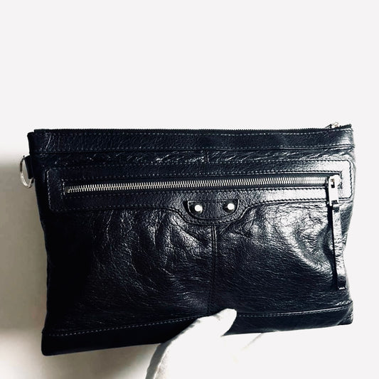 Balenciaga Black Giant Stud City Everyday Medium Classic Clip M Leather Zip Clutch Folio Pouch Case