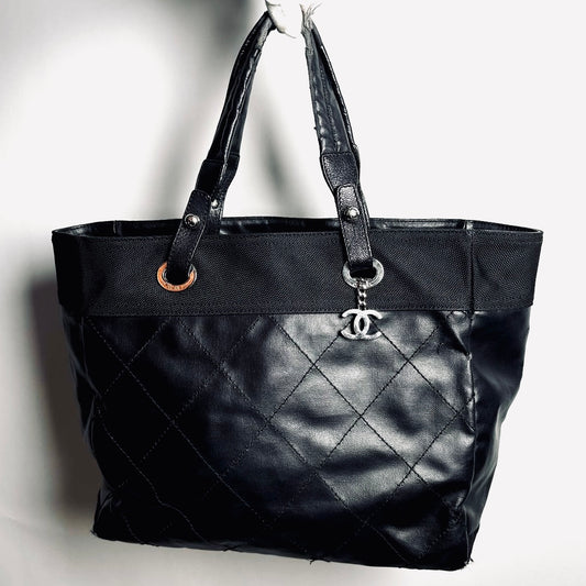 Chanel Black Paris Biarritz CC Monogram Logo Quilted Leather & Fabric Shopper Shoulder Tote Bag 12s