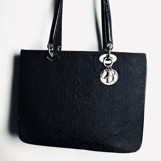 Christian Dior CD Black Lady Dior Cannage Quilted Fabric Monogram Logo Shoulder Shopper Tote Bag