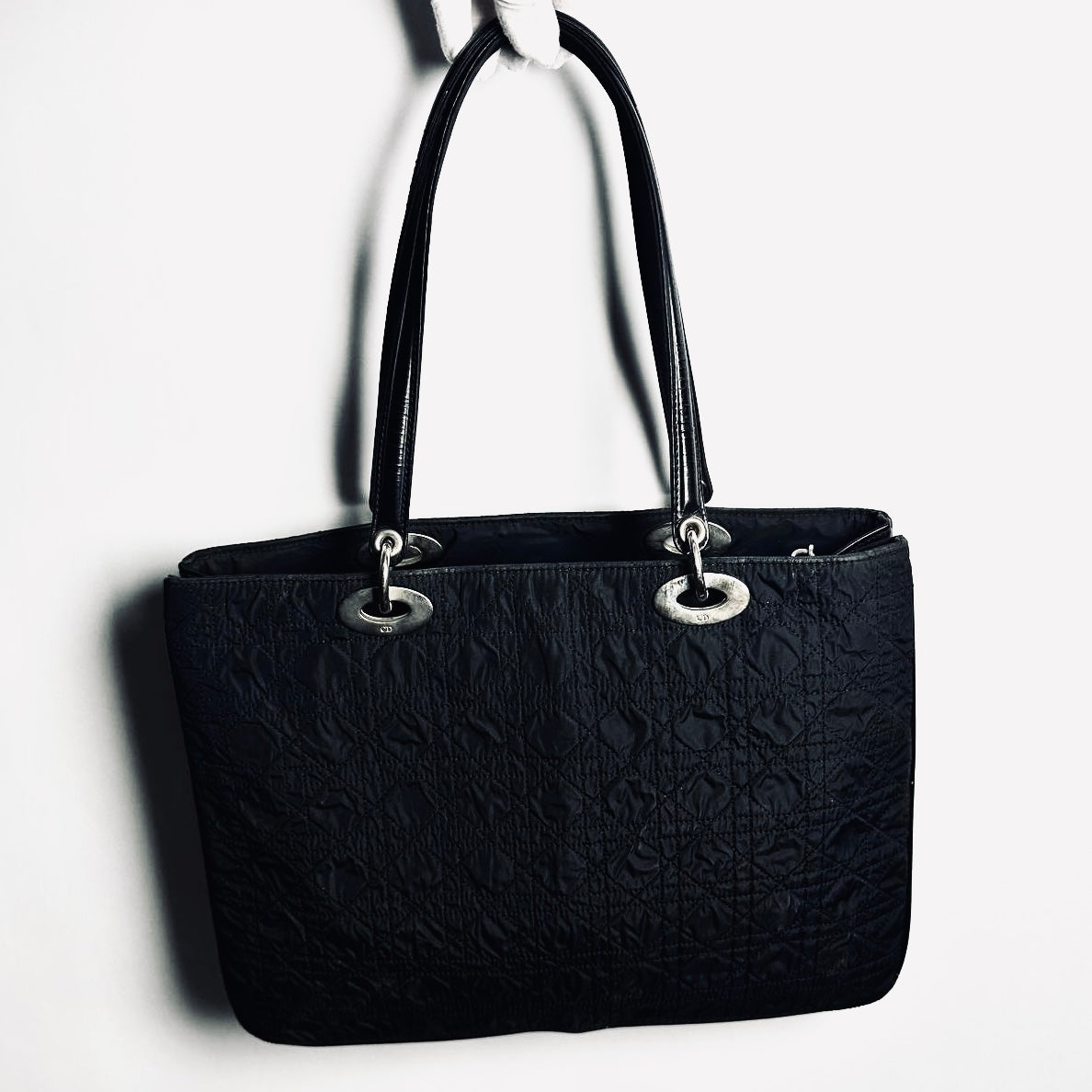 Christian Dior CD Black Lady Dior Cannage Quilted Fabric Monogram Logo Shoulder Shopper Tote Bag