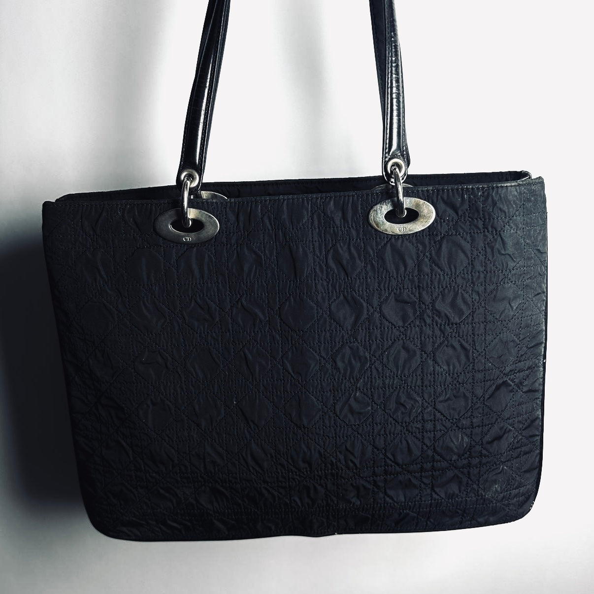 Christian Dior CD Black Lady Dior Cannage Quilted Fabric Monogram Logo Shoulder Shopper Tote Bag