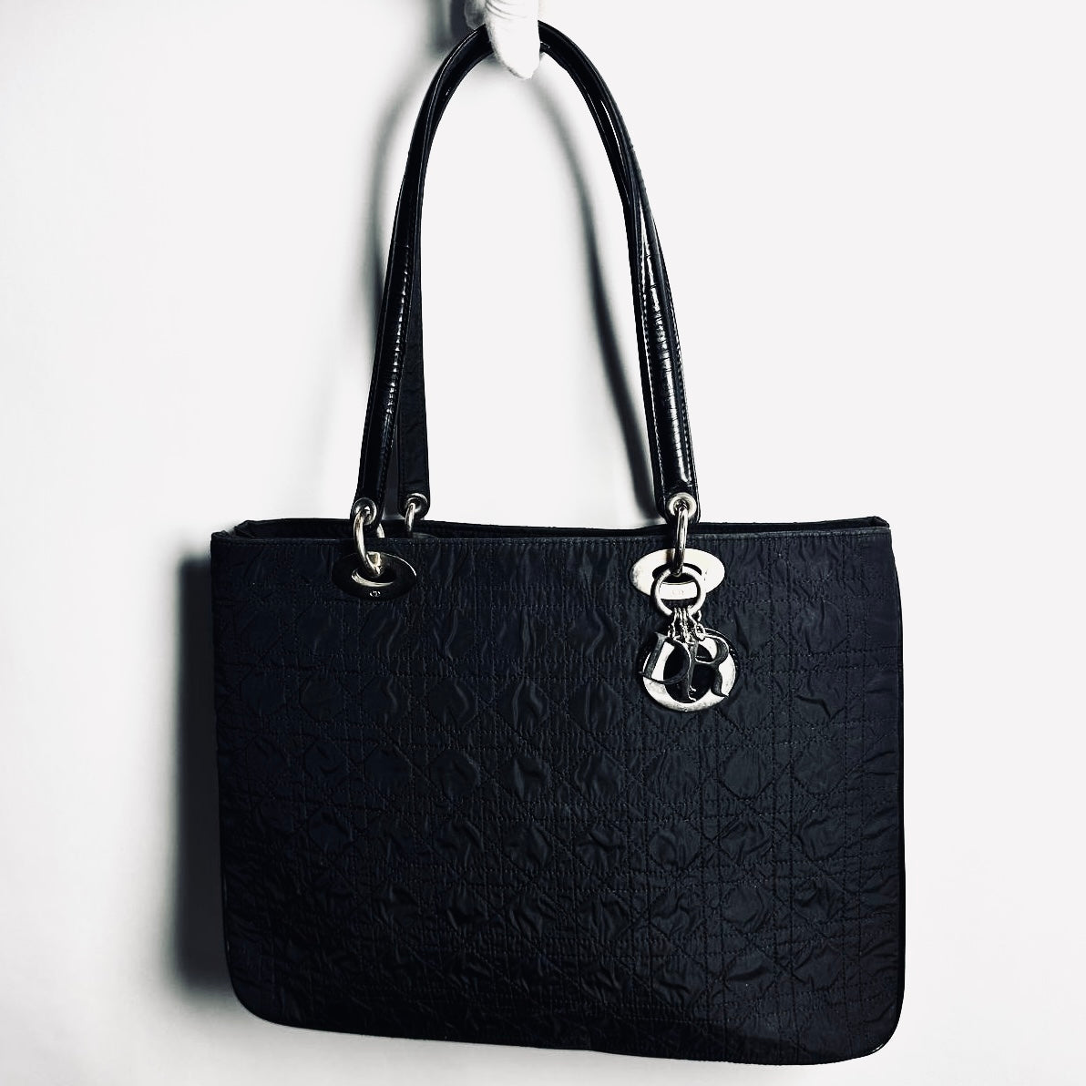 Christian Dior CD Black Lady Dior Cannage Quilted Fabric Monogram Logo Shoulder Shopper Tote Bag