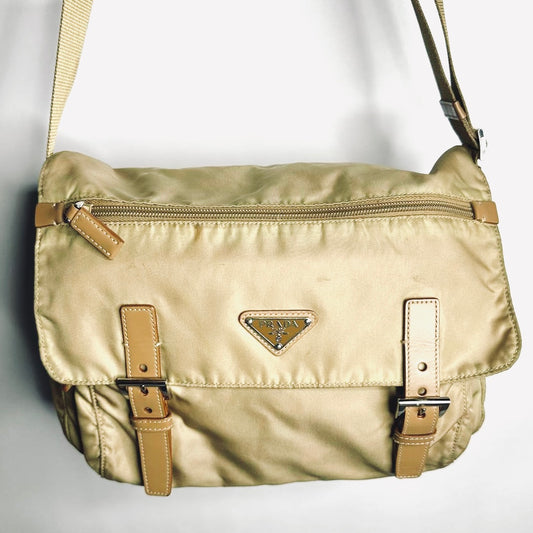 Prada Taupe Beige Tessuto Nylon Monogram Logo Classic Flap Shoulder Sling Bag
