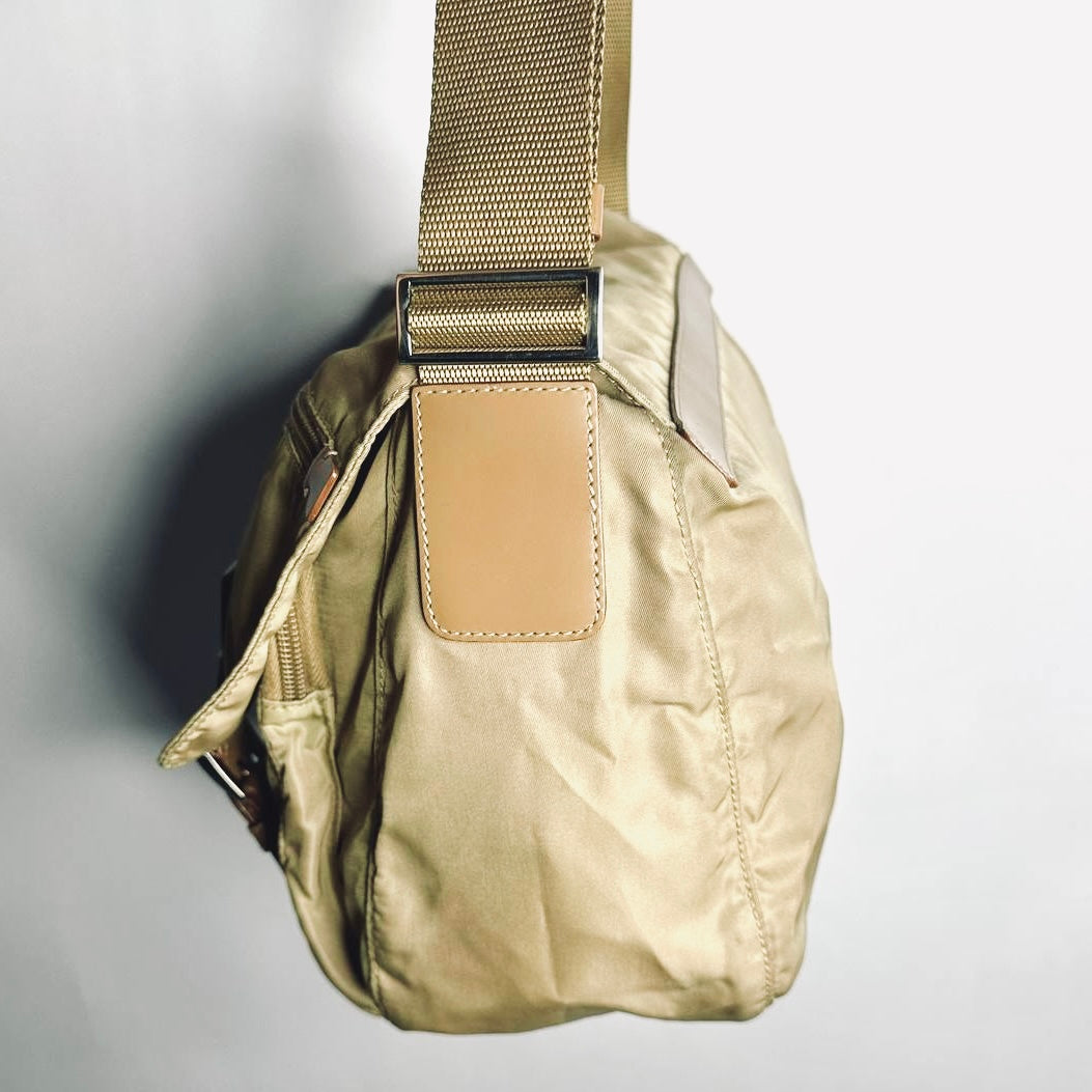 Prada Taupe Beige Tessuto Nylon Monogram Logo Classic Flap Shoulder Sling Bag