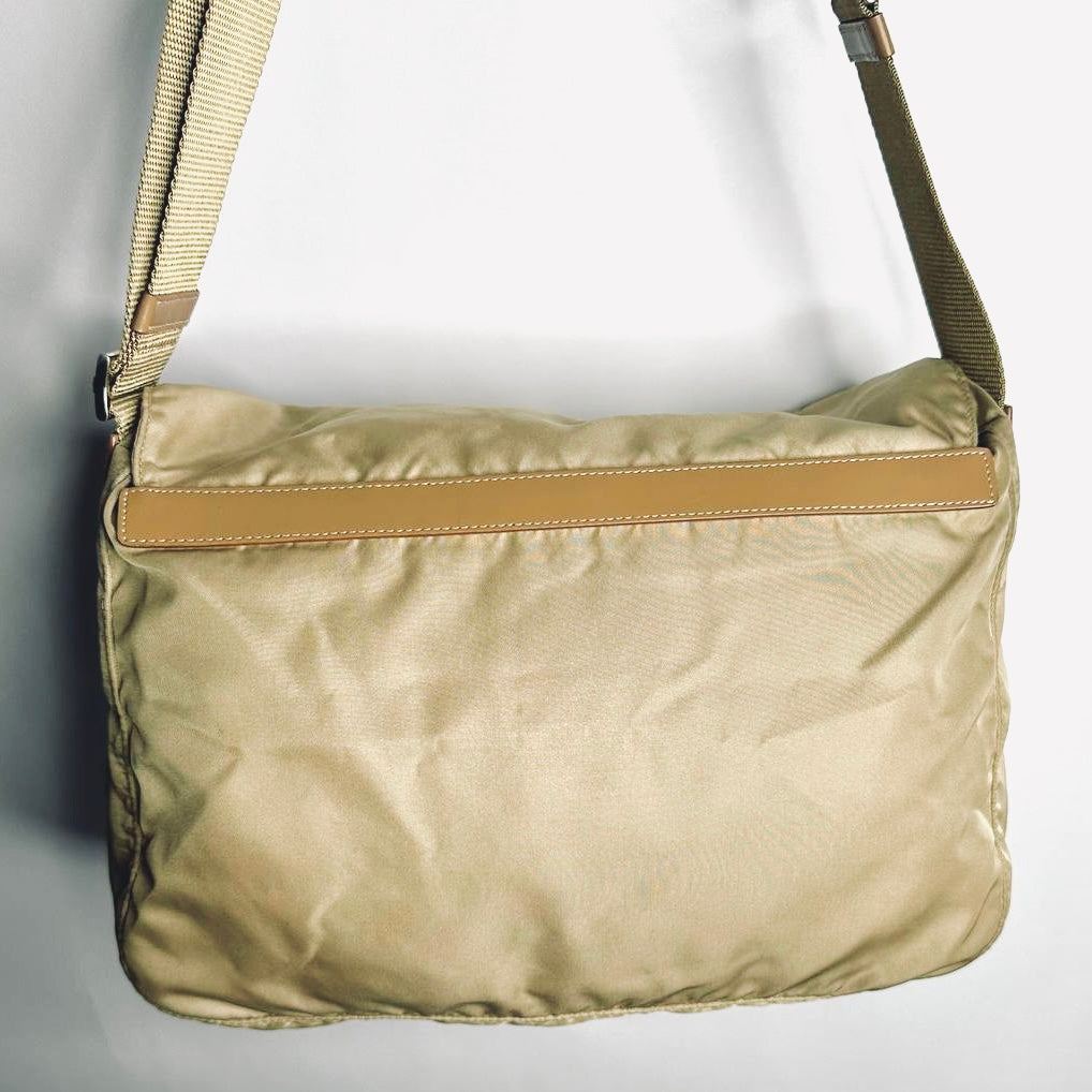 Prada Taupe Beige Tessuto Nylon Monogram Logo Classic Flap Shoulder Sling Bag