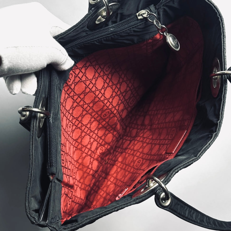 Christian Dior CD Black Lady Dior Cannage Quilted Fabric Monogram Logo Shoulder Shopper Tote Bag