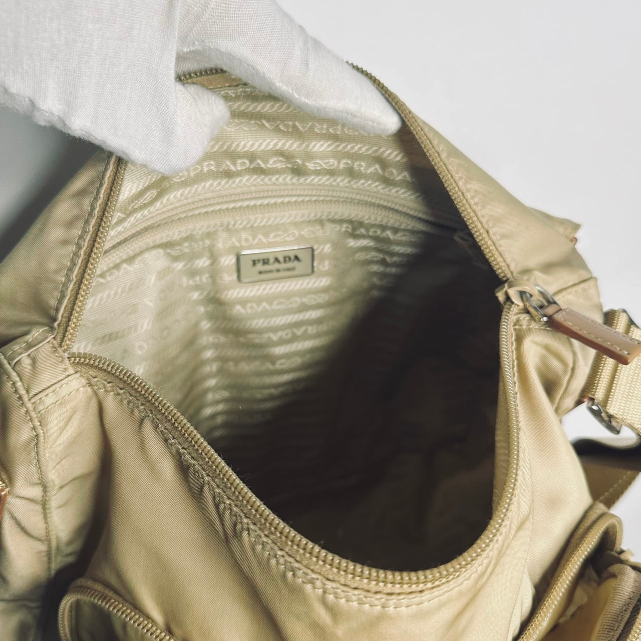 Prada Taupe Beige Tessuto Nylon Monogram Logo Classic Flap Shoulder Sling Bag