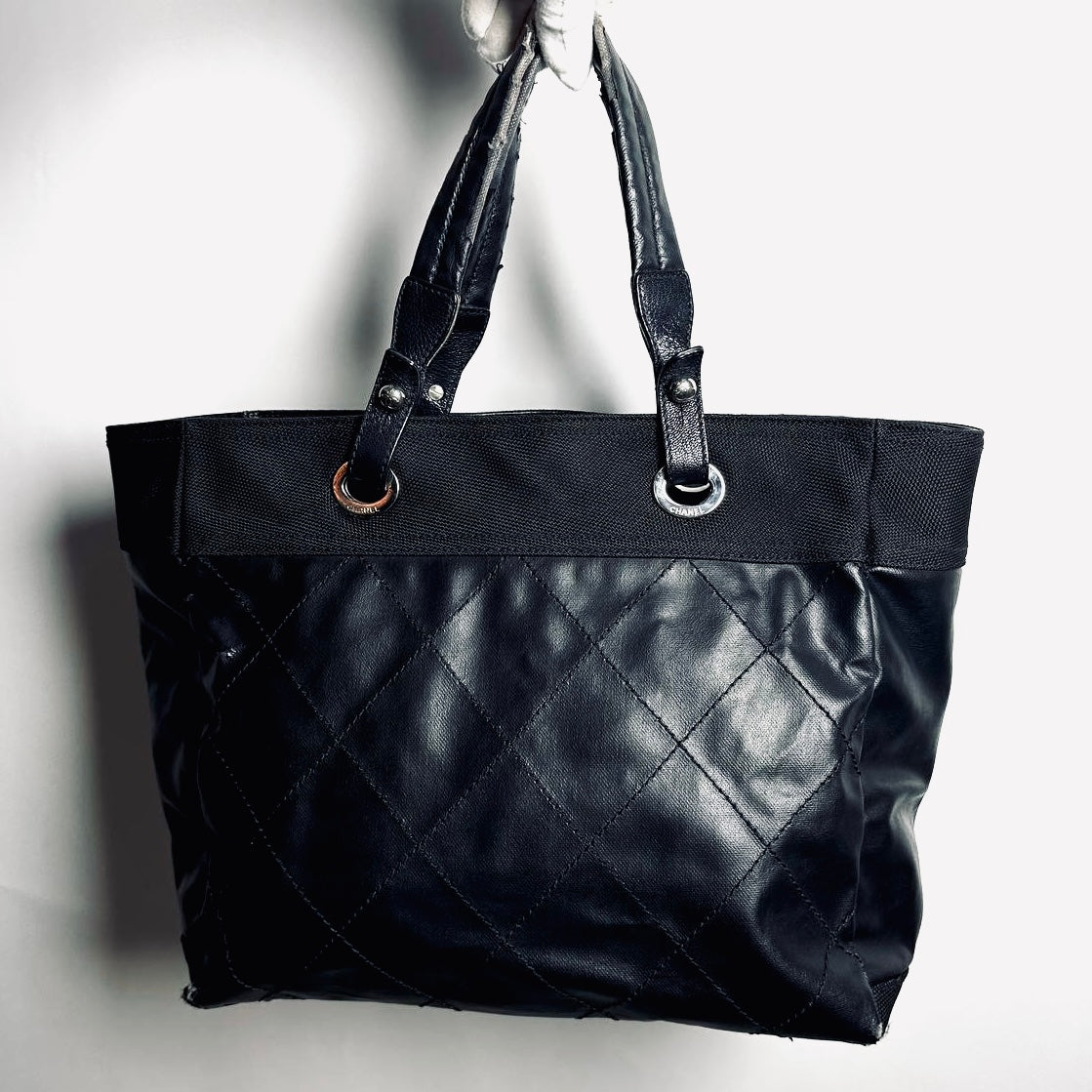 Chanel Black Paris Biarritz CC Monogram Logo Quilted Leather & Fabric Shopper Shoulder Tote Bag 12s