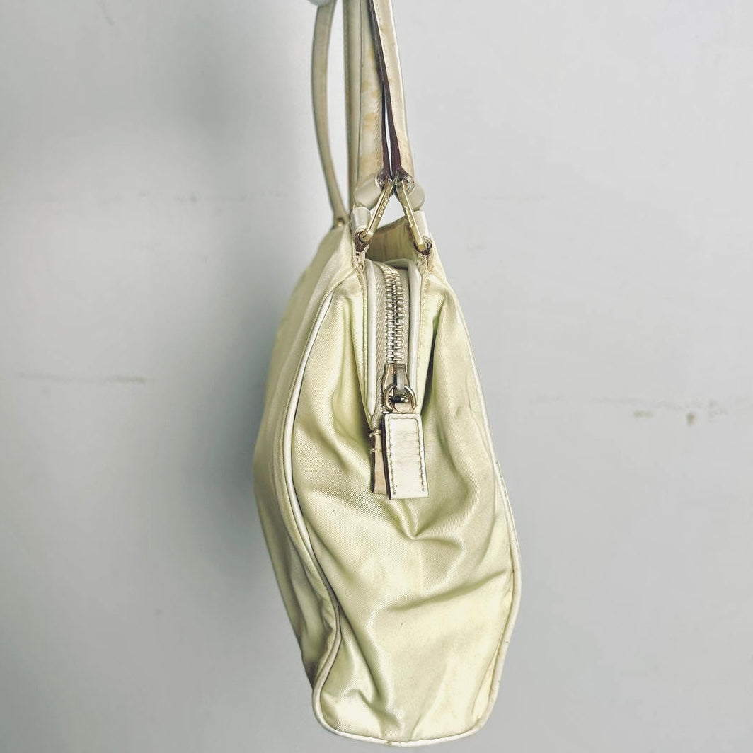 Prada Off White Cream Tessuto Chic Monogram Logo Nylon Shopper Shoulder Tote Bag