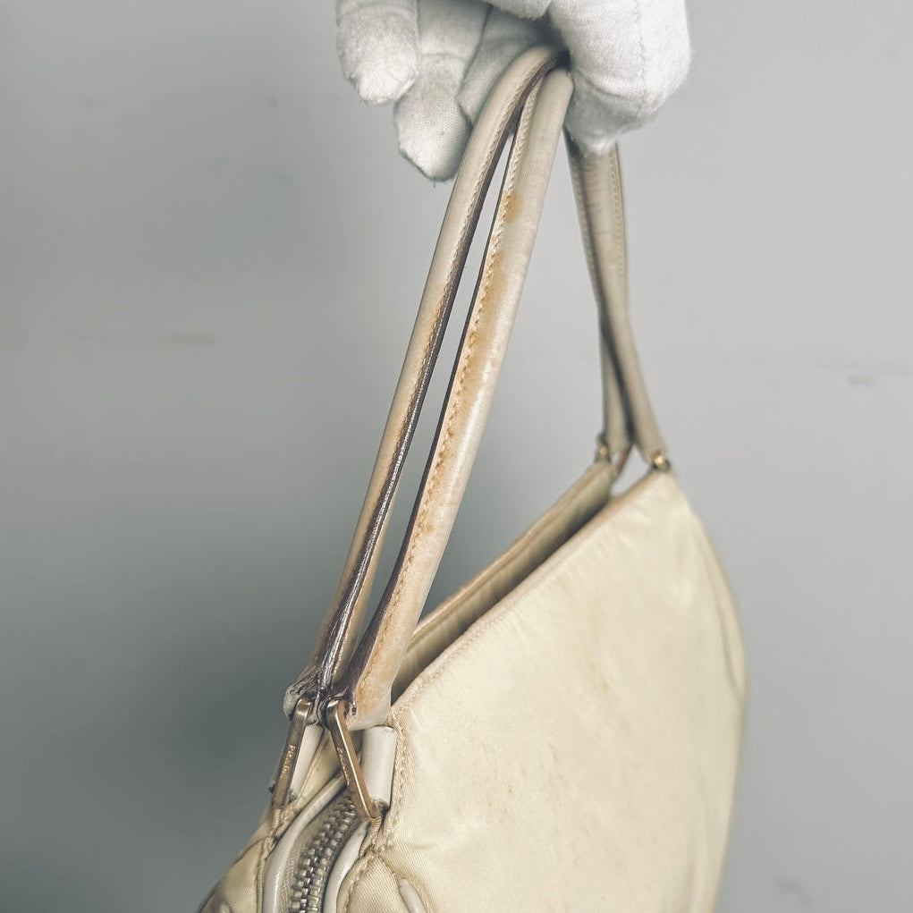 Prada Off White Cream Tessuto Chic Monogram Logo Nylon Shopper Shoulder Tote Bag