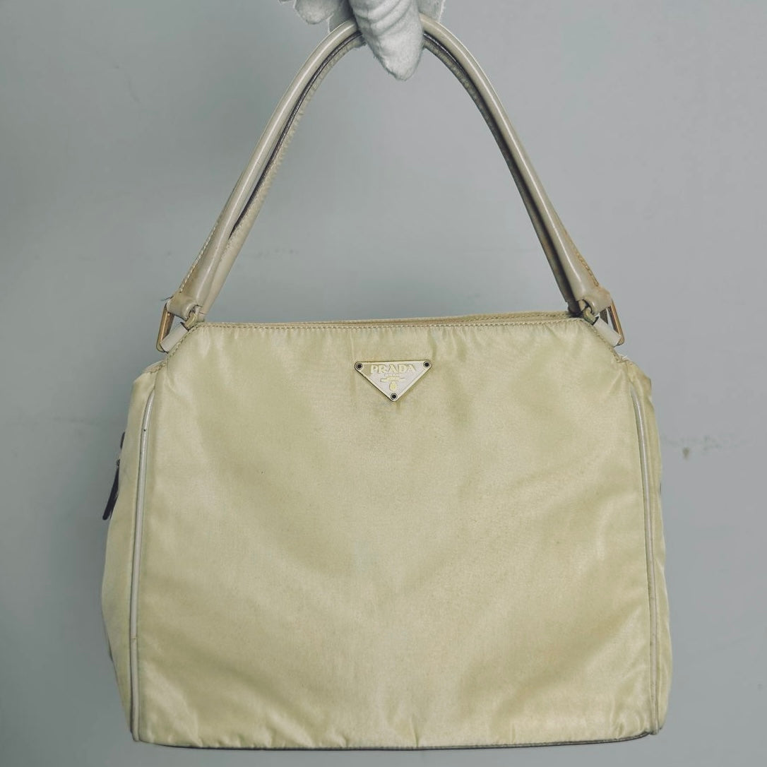 Prada Off White Cream Tessuto Chic Monogram Logo Nylon Shopper Shoulder Tote Bag