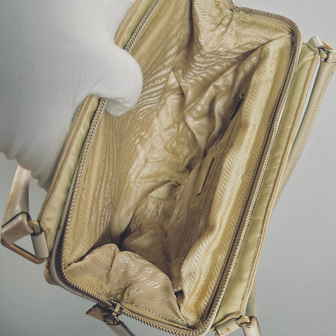 Prada Off White Cream Tessuto Chic Monogram Logo Nylon Shopper Shoulder Tote Bag