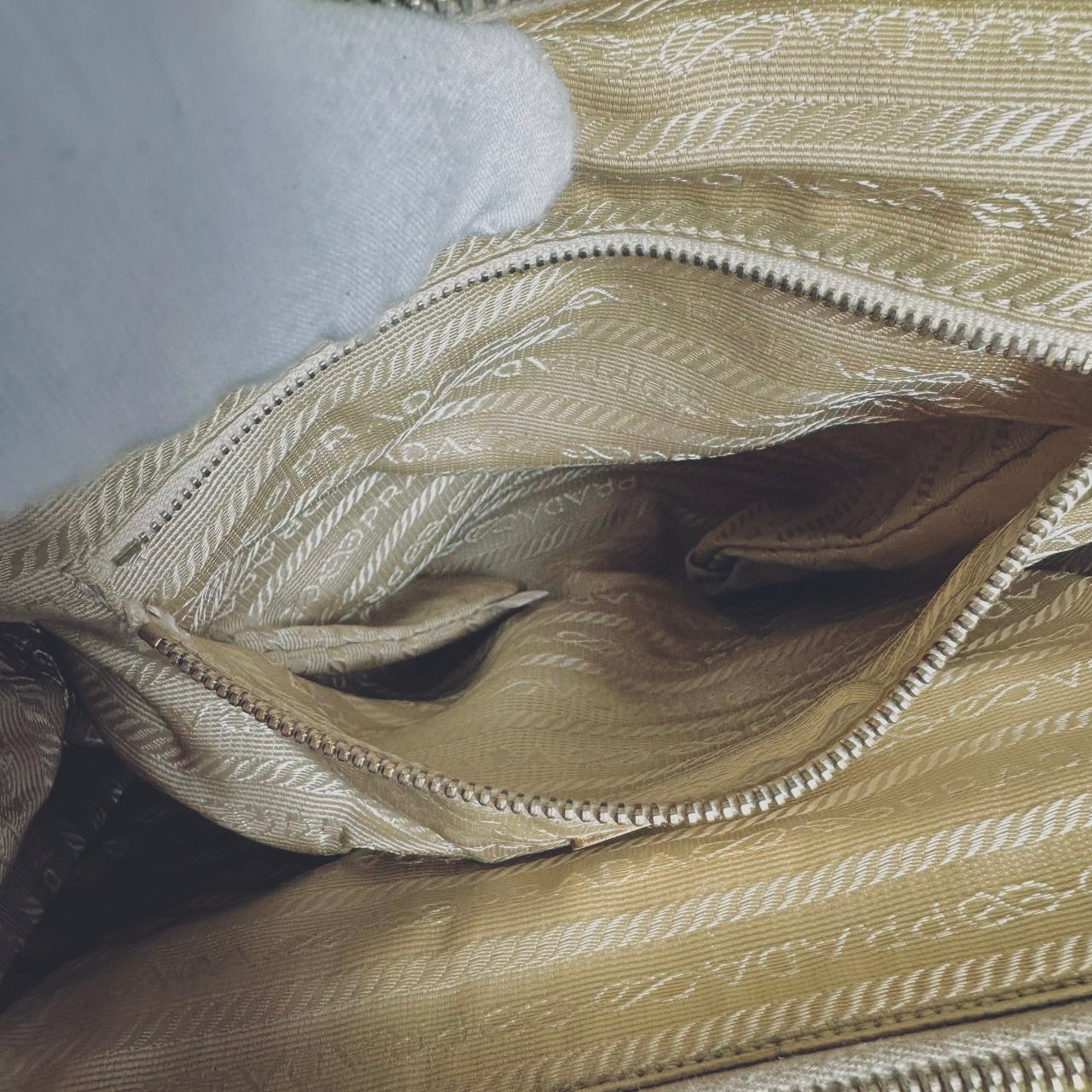 Prada Off White Cream Tessuto Chic Monogram Logo Nylon Shopper Shoulder Tote Bag