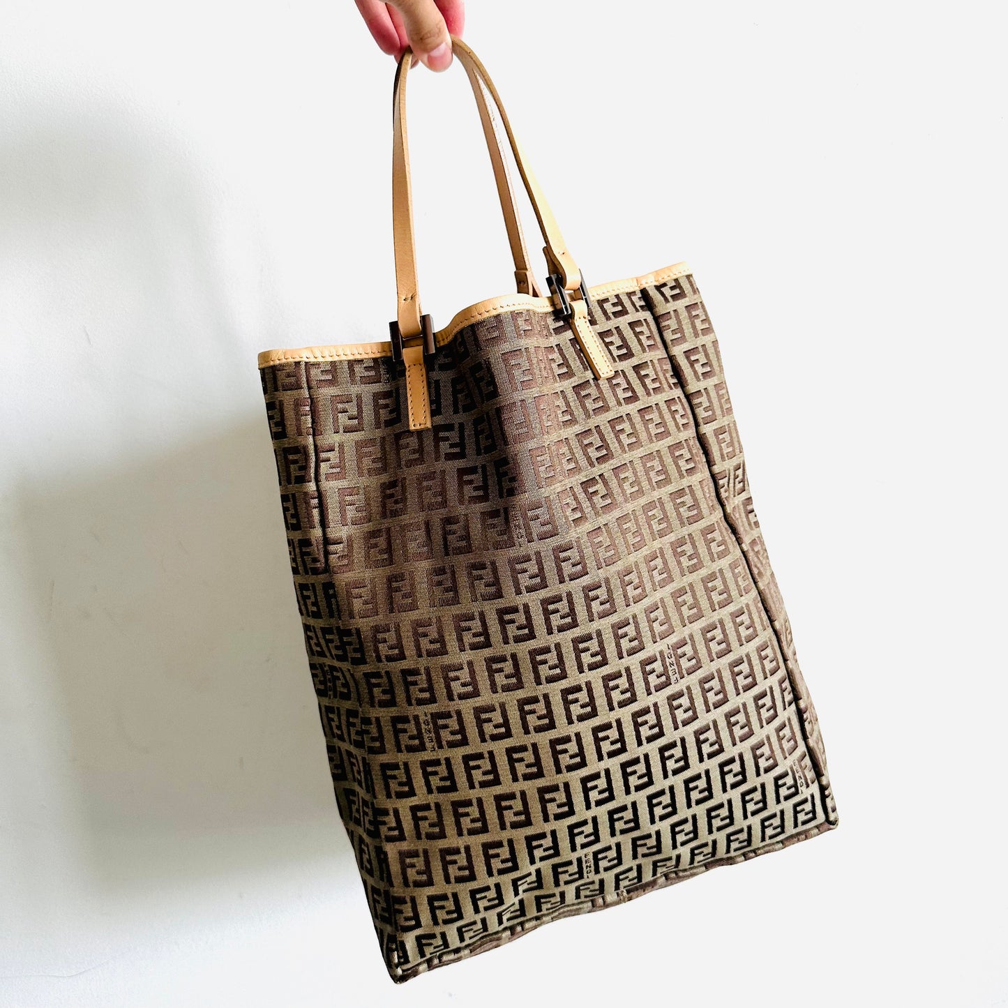 Fendi Brown Zucca FF Monogram Logo Shoulder Shopper Tote Bag With Pouch
