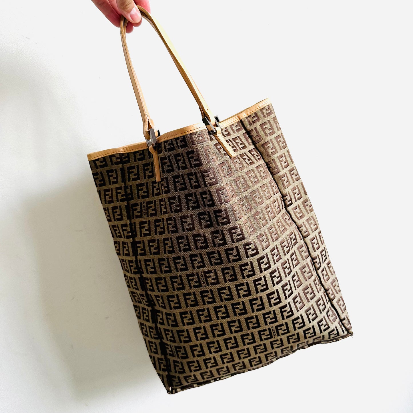 Fendi Brown Zucca FF Monogram Logo Shoulder Shopper Tote Bag With Pouch