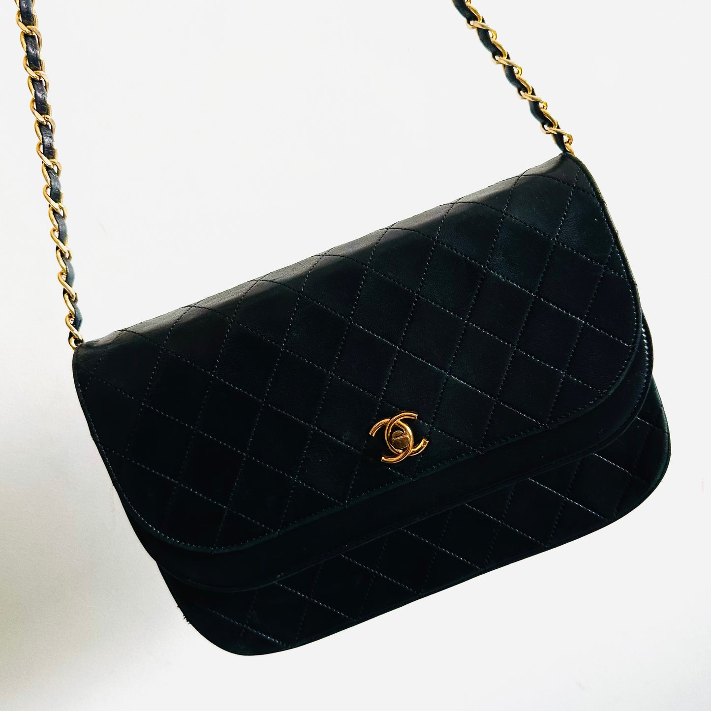 Chanel CC Black GHW Logo Medium Classic Double Flap DF Quilted Lambskin Turnlock Vintage Shoulder Sling Bag