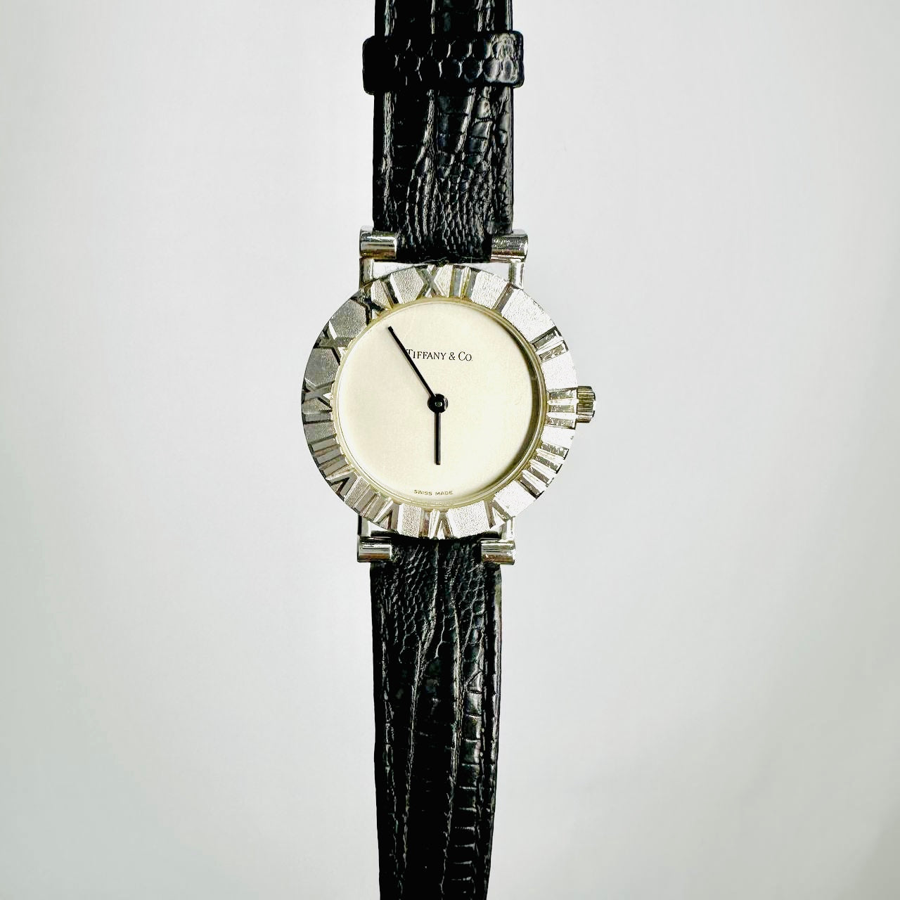 Tiffany & Co T&C Atlas Sterling Silver Black Embossed Leather Strap 24MM Quartz Watch