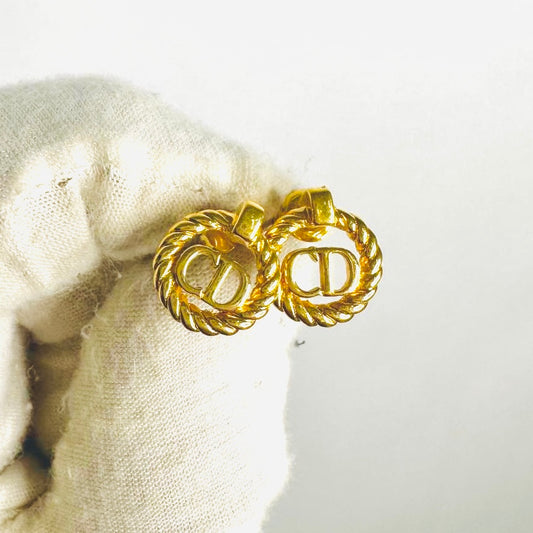 Christian Dior CD Monogram Logo Signature Gold Spiral Vintage Stud Earrings