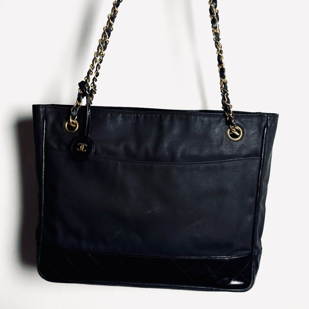 Chanel Black GHW CC Monogram Logo Quilted Leather & Fabric Vintage Shoulder Shopper Chain Tote Bag