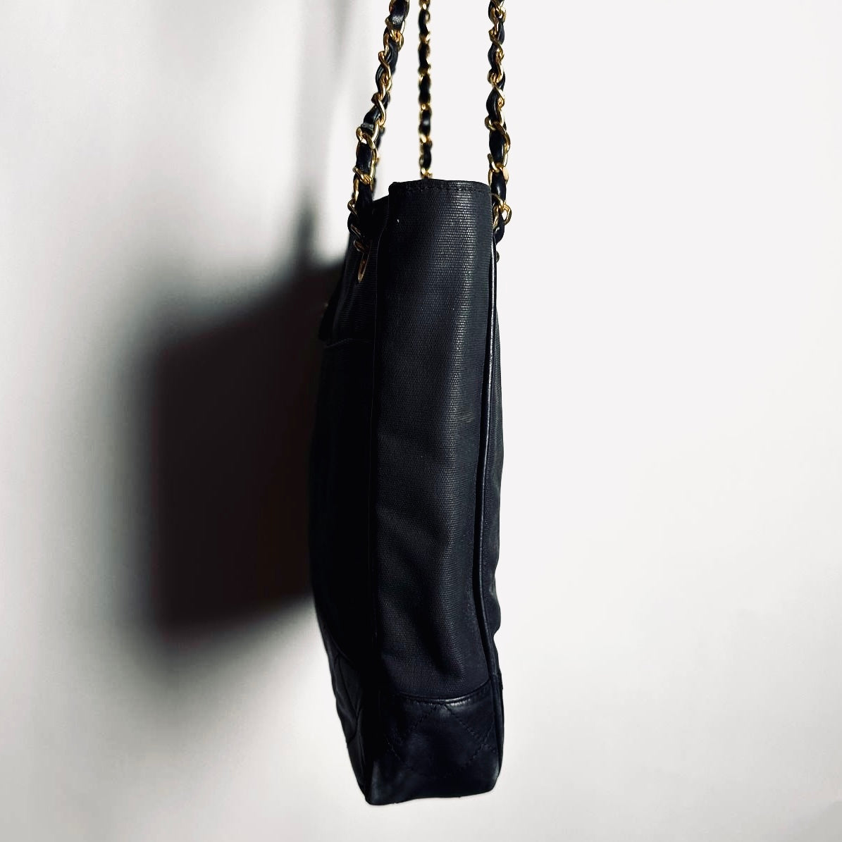 Chanel Black GHW CC Monogram Logo Quilted Leather & Fabric Vintage Shoulder Shopper Chain Tote Bag