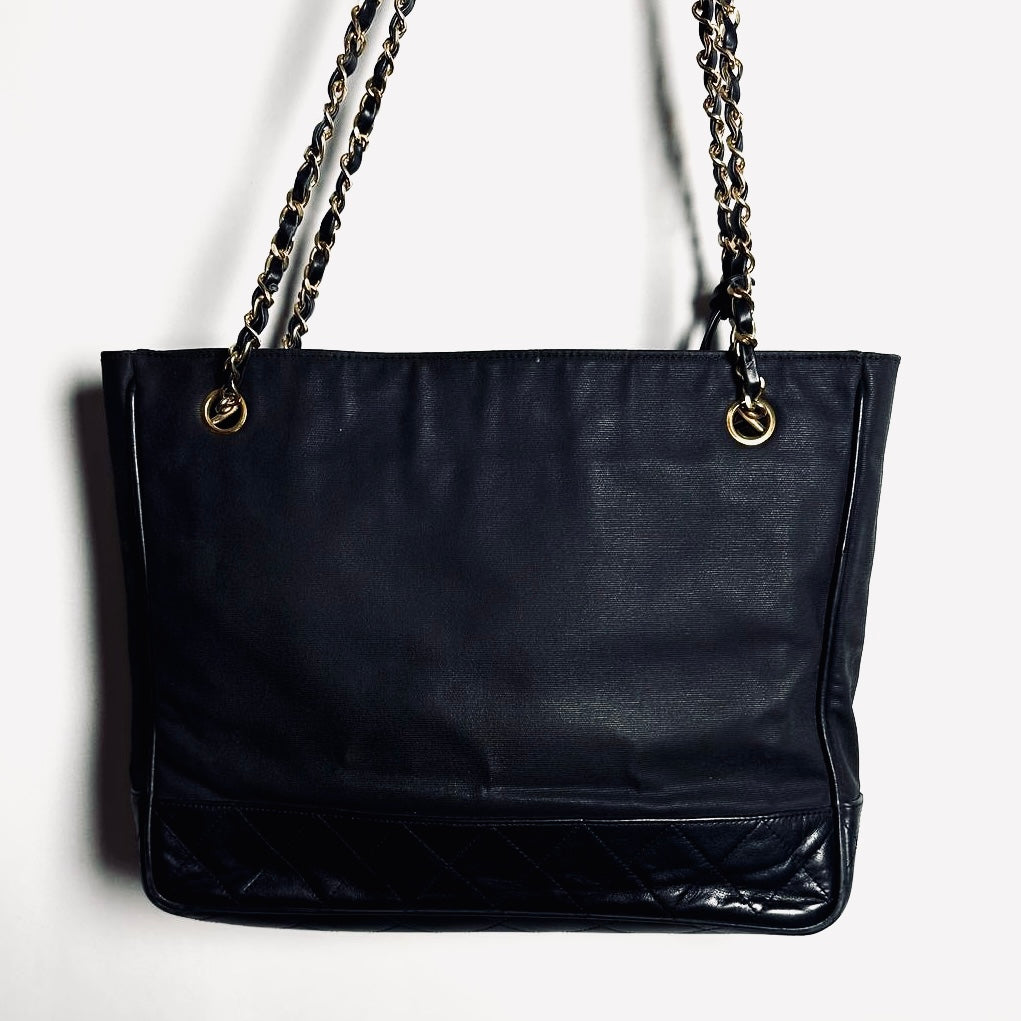 Chanel Black GHW CC Monogram Logo Quilted Leather & Fabric Vintage Shoulder Shopper Chain Tote Bag