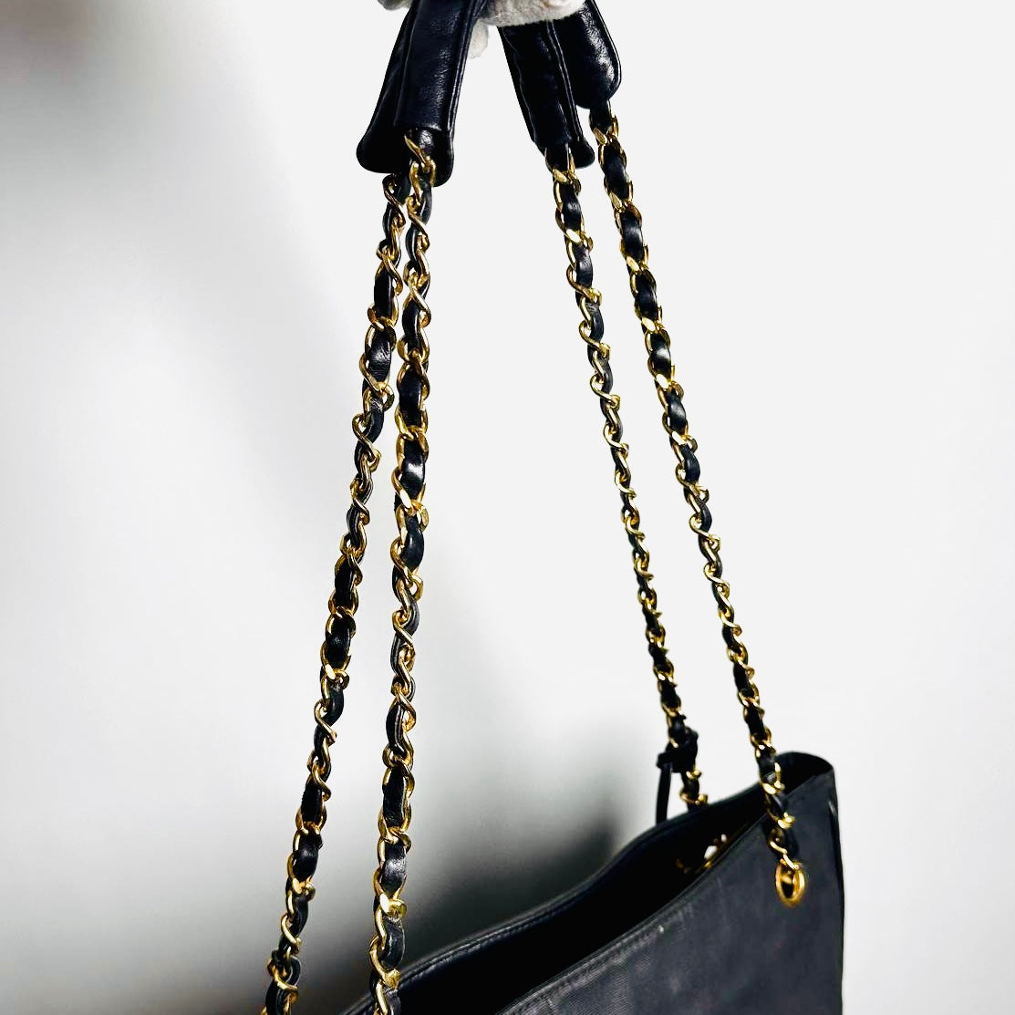 Chanel Black GHW CC Monogram Logo Quilted Leather & Fabric Vintage Shoulder Shopper Chain Tote Bag