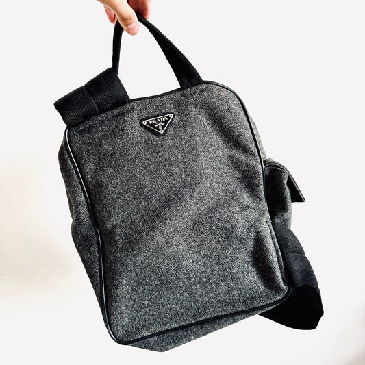 Prada Grey Wool Monogram Logo Backpack Shoulder Sling Bag