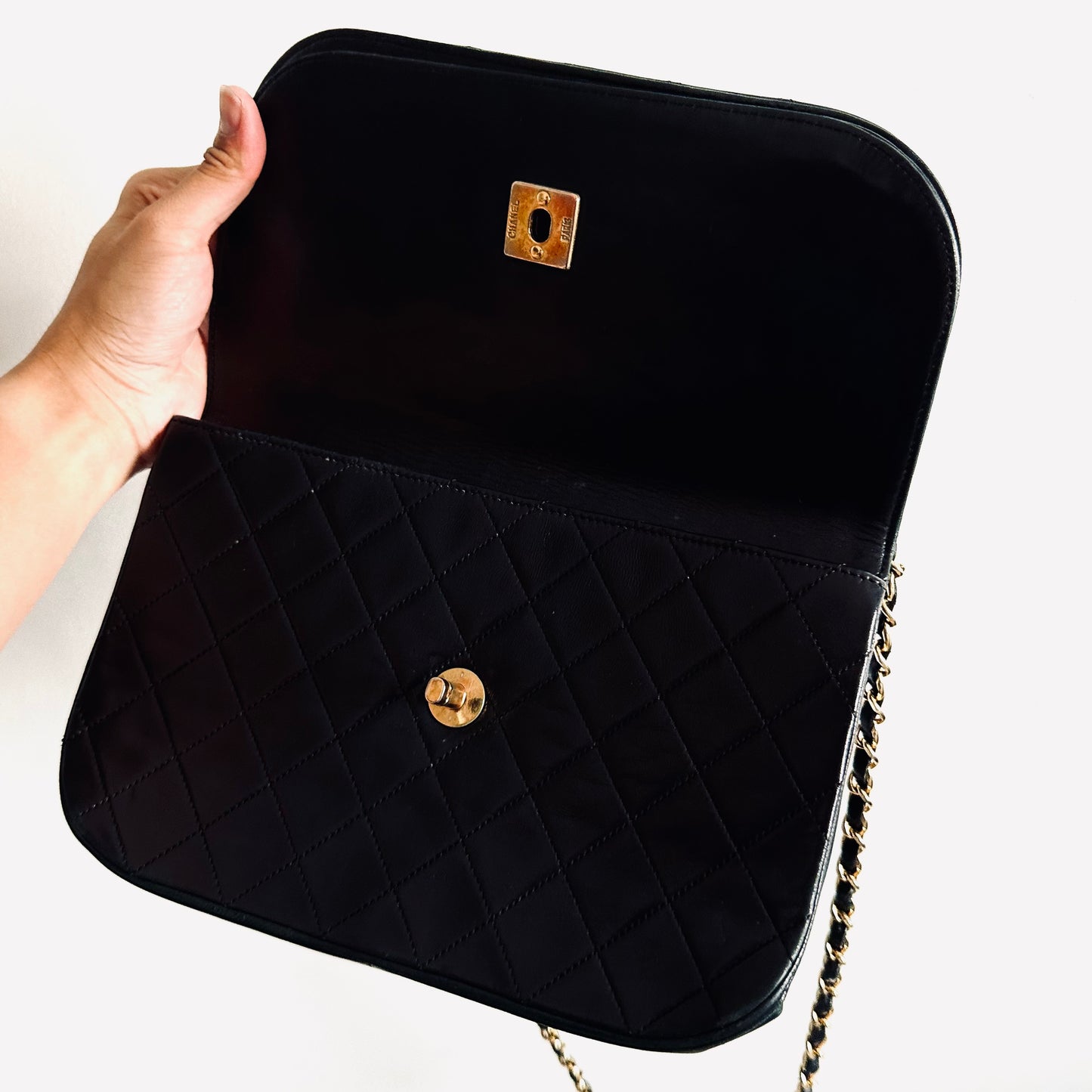 Chanel CC Black GHW Logo Medium Classic Double Flap DF Quilted Lambskin Turnlock Vintage Shoulder Sling Bag