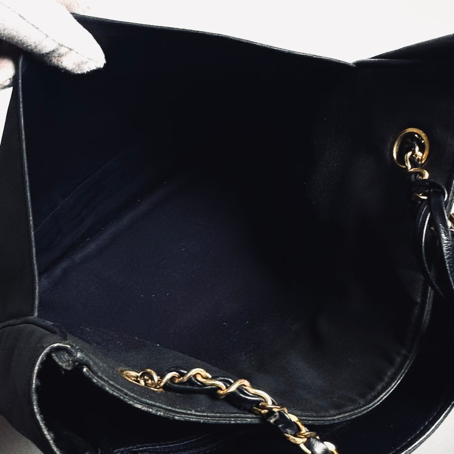Chanel Black GHW CC Monogram Logo Quilted Leather & Fabric Vintage Shoulder Shopper Chain Tote Bag