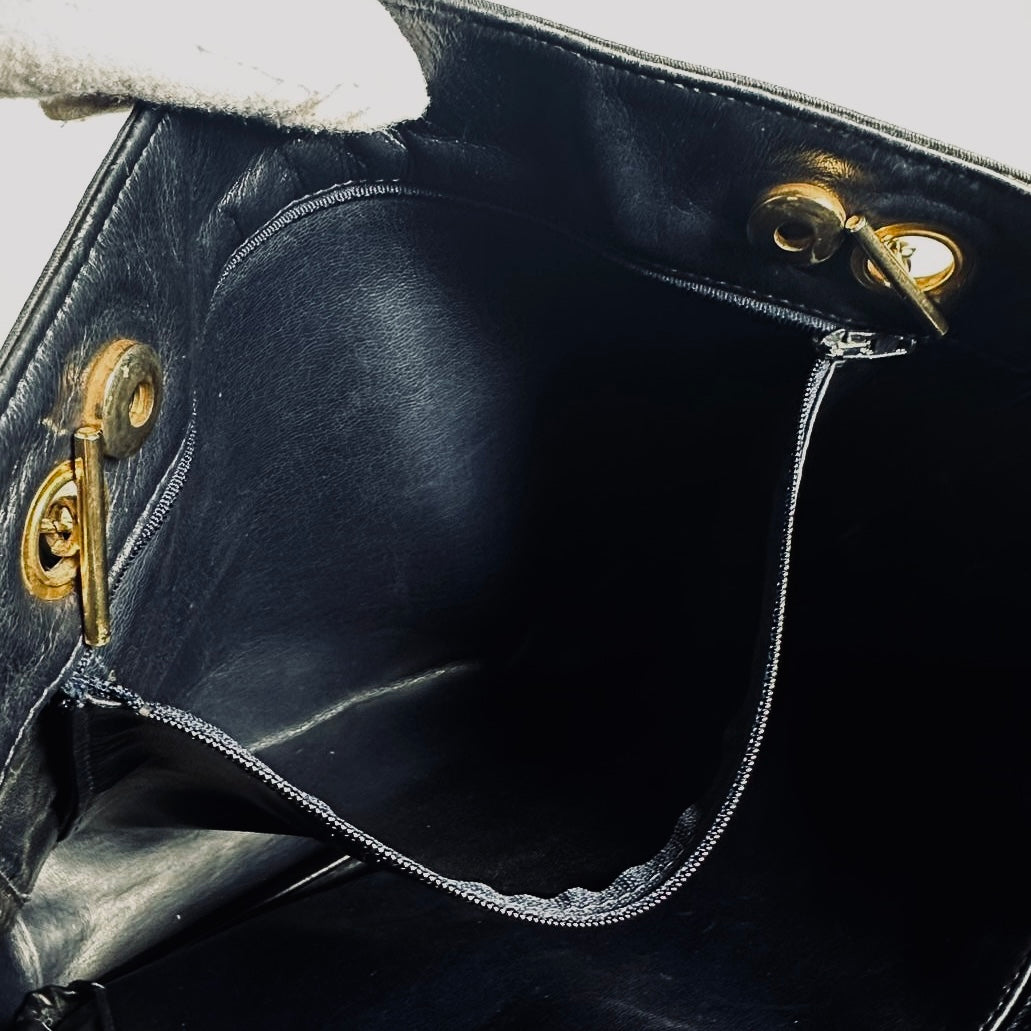 Chanel Black GHW CC Monogram Logo Quilted Leather & Fabric Vintage Shoulder Shopper Chain Tote Bag