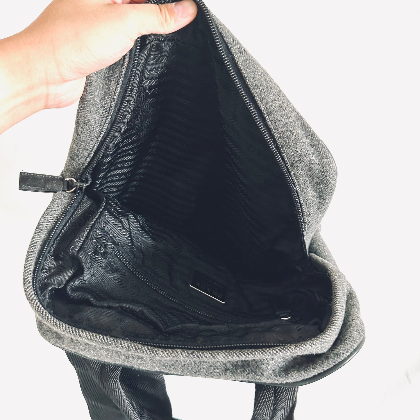Prada Grey Wool Monogram Logo Backpack Shoulder Sling Bag