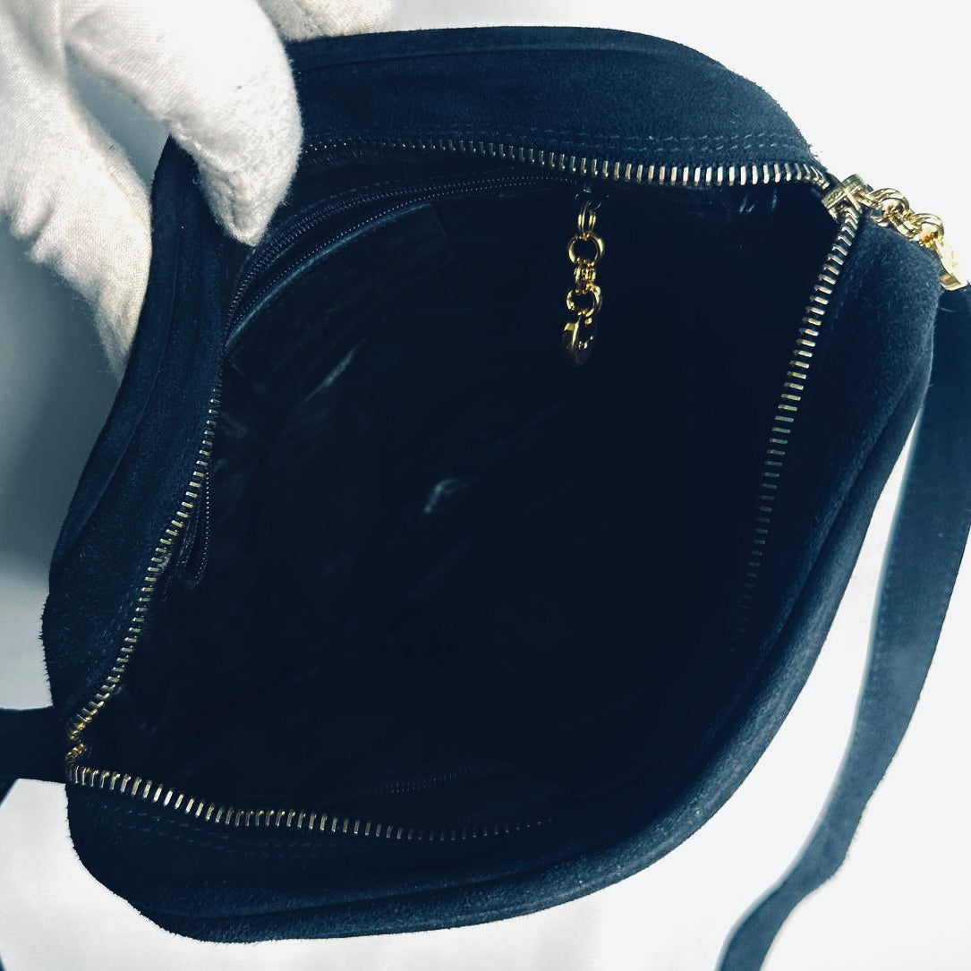 Salvatore Ferragamo Gancini Navy Blue GHW Suede Camera Shoulder Sling Bag