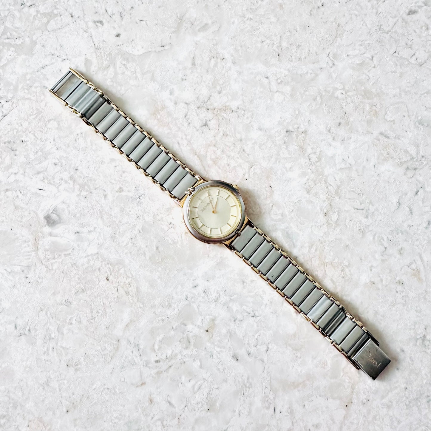 YSL Yves Saint Laurent Gold & Stainless Steel Round Monogram Logo Two Tone 22MM Quartz Watch