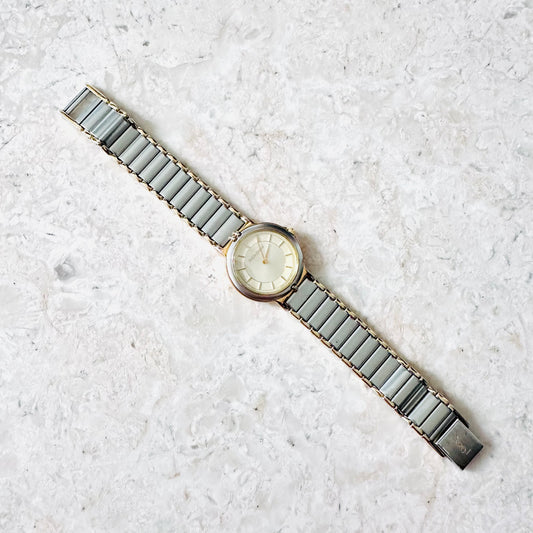 YSL Yves Saint Laurent Gold & Stainless Steel Round Monogram Logo Two Tone 22MM Quartz Watch