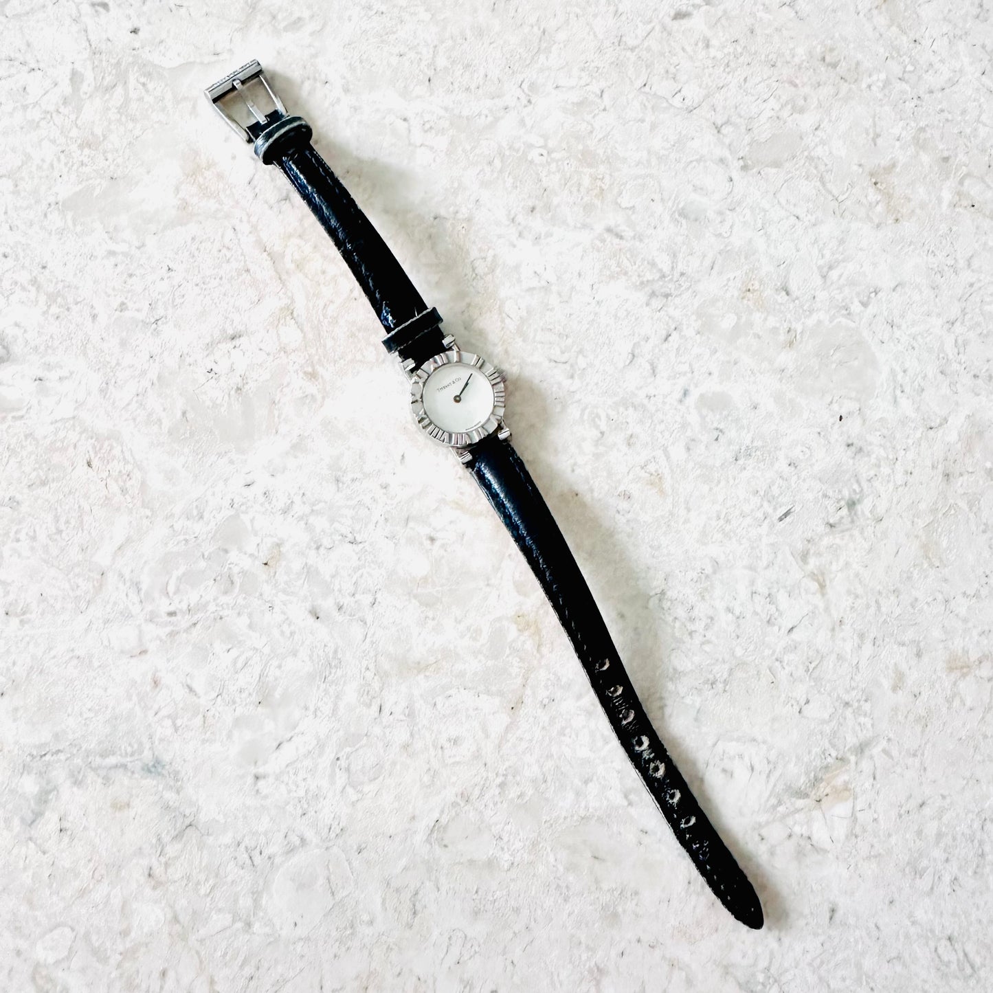 Tiffany & Co T&C Atlas Round White Dial Black Leather Strap 20MM Quartz Watch
