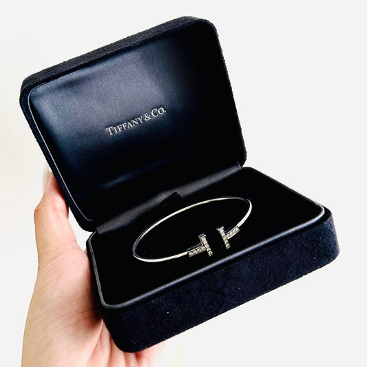 Tiffany & Co T&C T Wire Au750 18K White Gold With Diamonds Bracelet Bangle