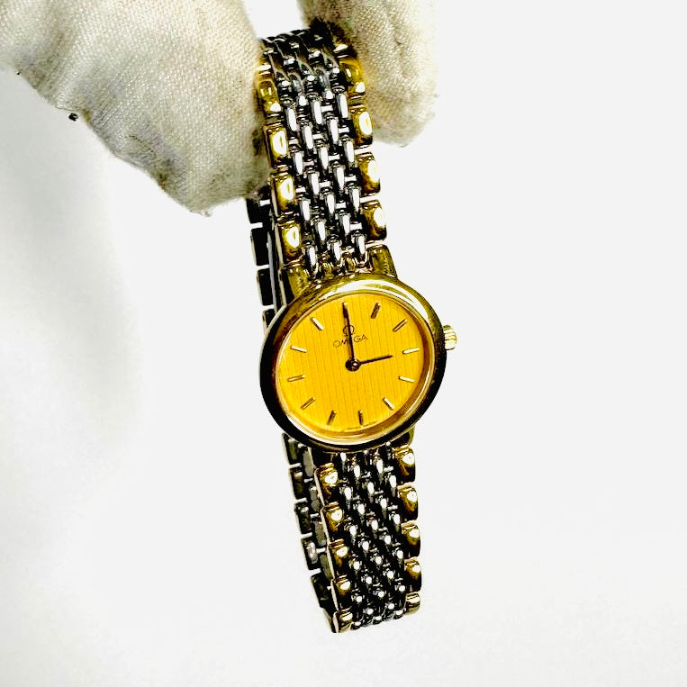 Omega De Ville Round Gold Dial Two Tone Stainless Steel Vintage Quartz 22MM Watch