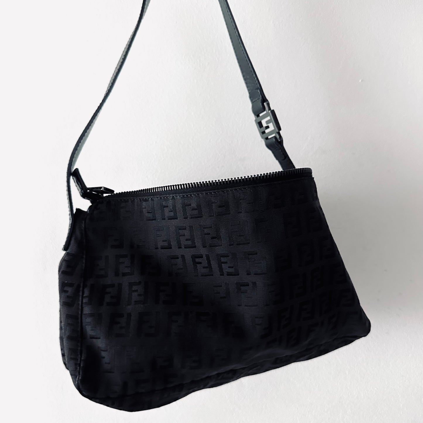Fendi Black FF Zucca Zucchino Monogram Logo Pochette Baguette Hobo Shoulder Bag