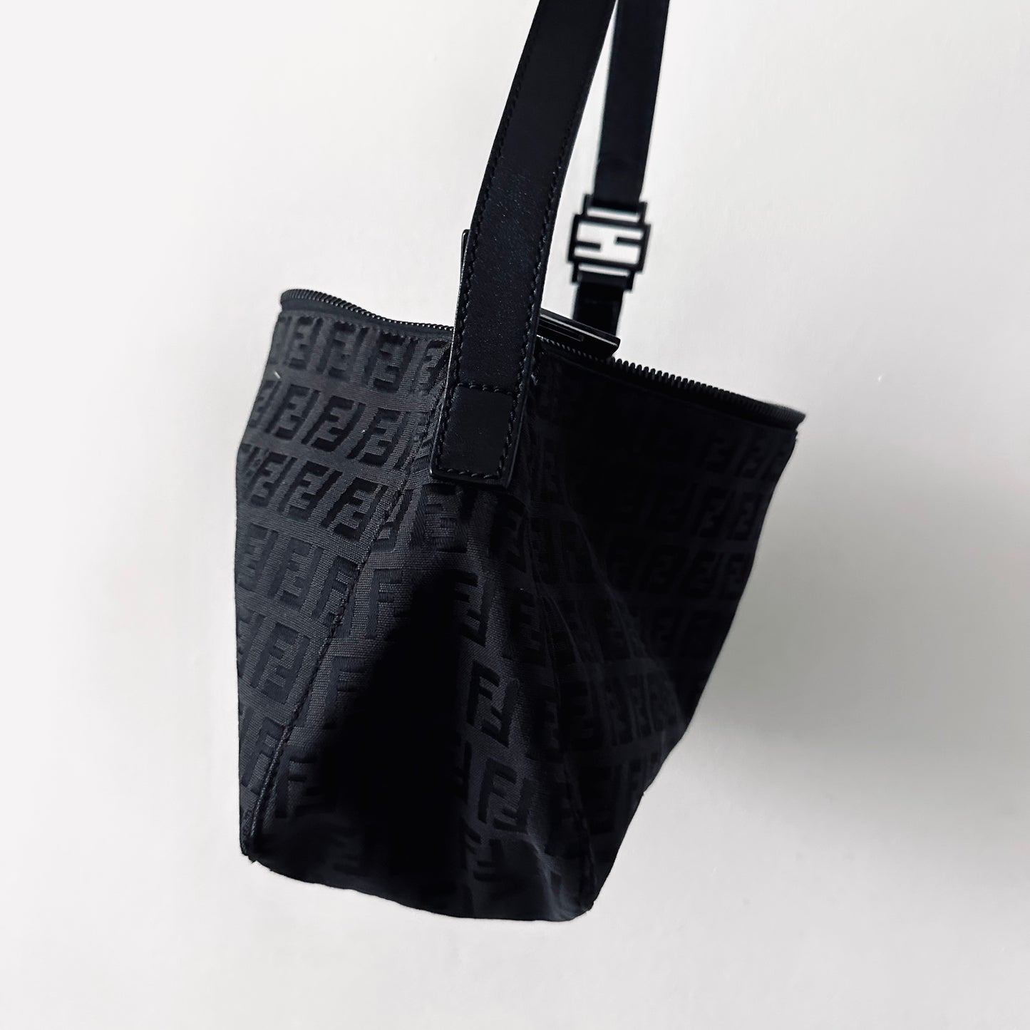 Fendi Black FF Zucca Zucchino Monogram Logo Pochette Baguette Hobo Shoulder Bag